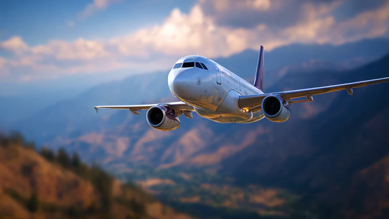 Un magnifico aeroplano che solca un paesaggio montano mozzafiato sotto un cielo blu stupendo, mettendo in mostra il suo design impressionante e l'eccellenza ingegneristica