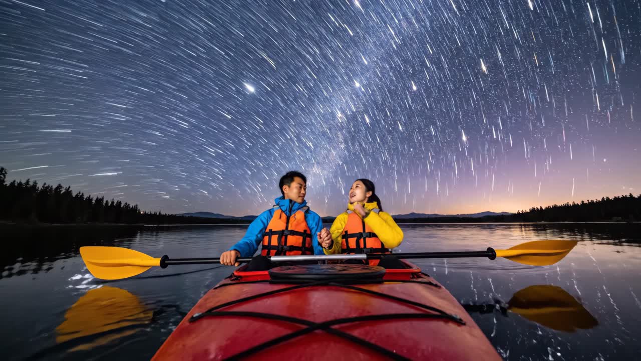 Couple kayaking under the stars