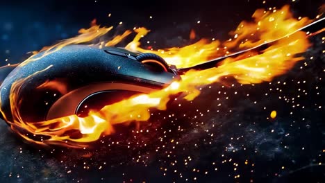 a computer mouse on fire with a black background