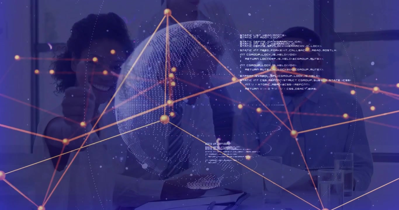 Business team pointing at tablet, activating wireframe globe and golden network for analytics
