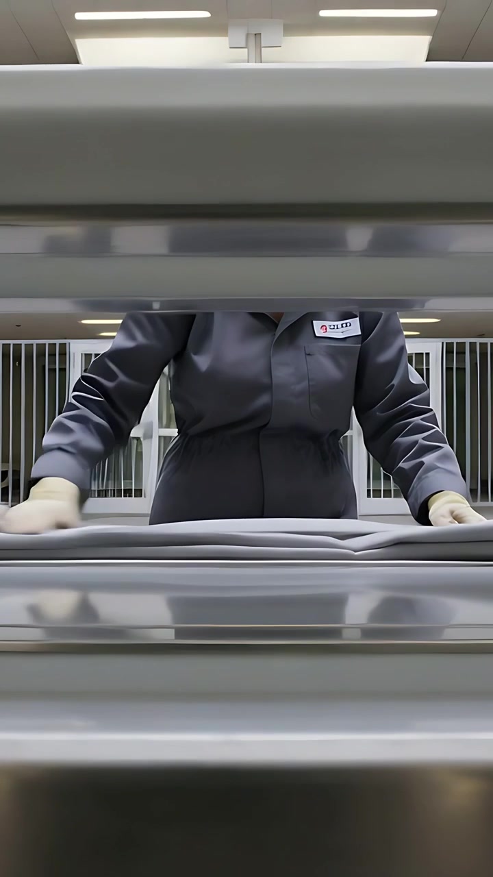 Vertical video: Placing linen into folder at laundry, gloved worker in gray uniform creating stacks