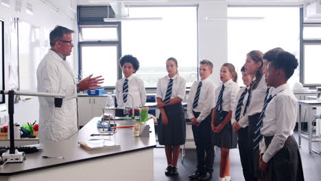 male high school tutor teaching students wearing uniforms in science class