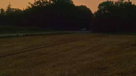 crane shot of a drone unveiling a big forest at the early sunrise with the glowing orange sun at the horizon, while a car is passing by a street as foreground element