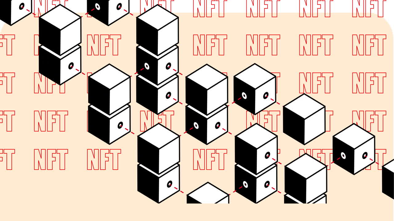 NFT text pattern on black and white cubes, animation design on beige background