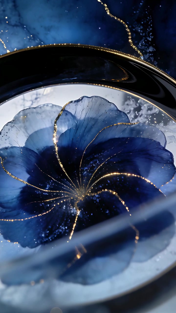 Video verticale: Inquadratura in movimento di un fiore in resina blu che rivela riflessi dorati su un tavolo di marmo, con una cupola che passa.