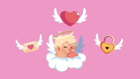 happy valentines day card with cupid angel in cloud and love set icons flying