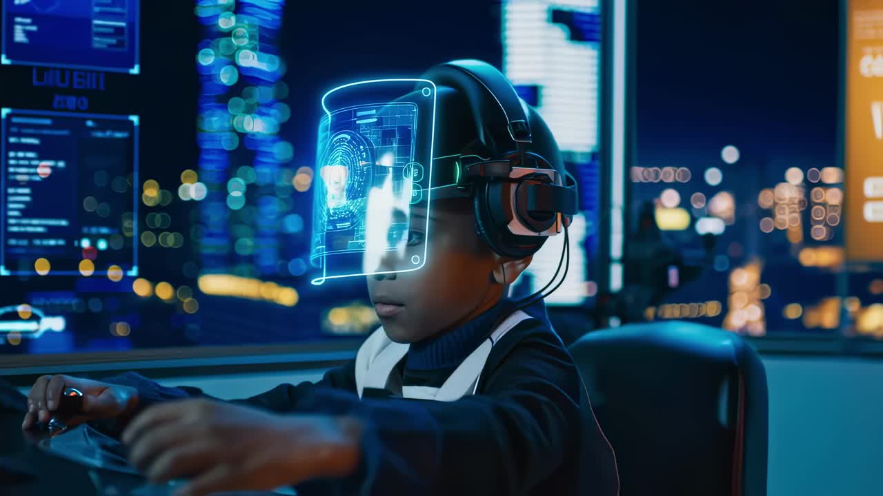 Young boy immersed in augmented reality gaming, wearing high tech headset and headphones, playing with joystick near window overlooking illuminated nighttime cityscape