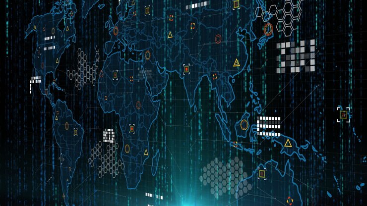 Stylized digital world map being animated over flat interface, showing hex grids and data nodes