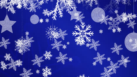 Animation-Von-Weihnachtskugeln-über-Schneeflocken-Auf-Blauem-Hintergrund