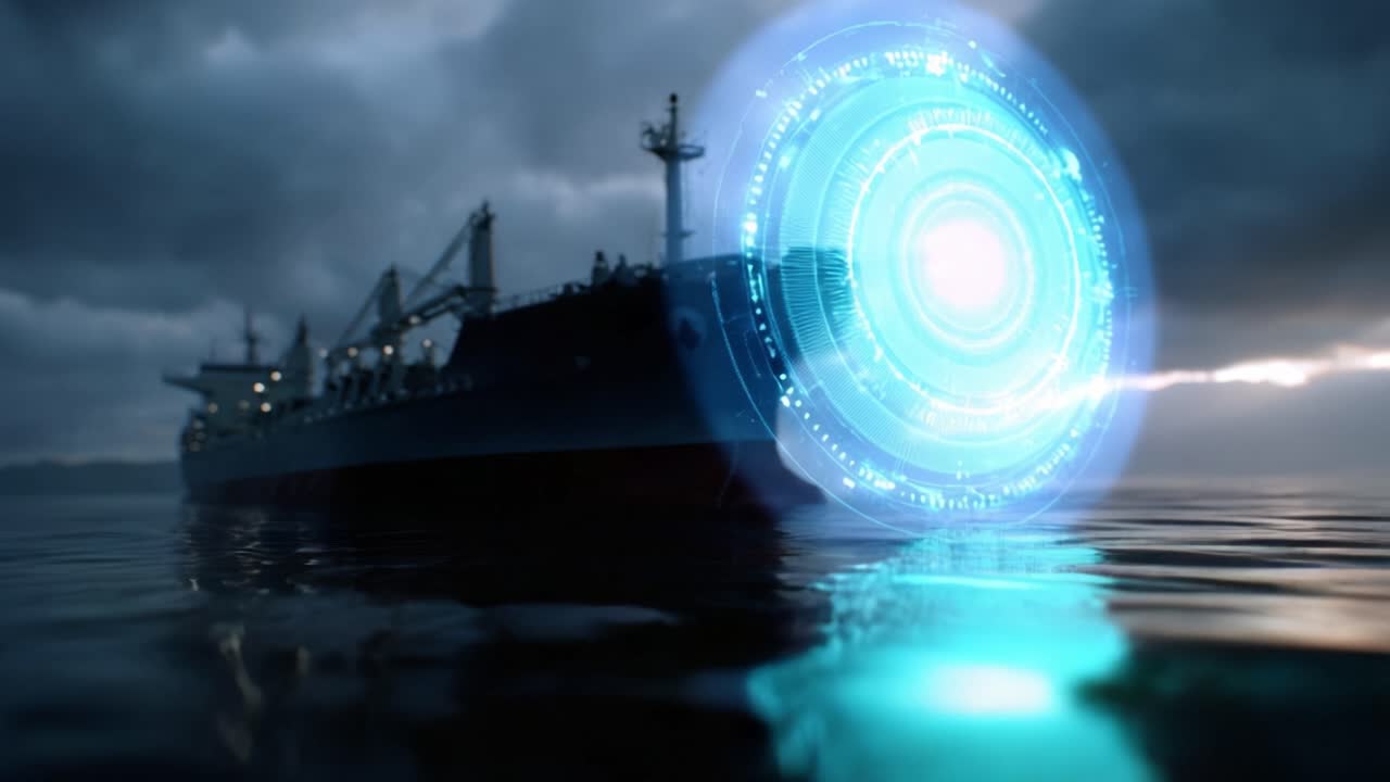 Una grande nave mercantile naviga sotto un cielo tempestoso. Un portale luminoso blu si libra vicino all'imbarcazione. La tecnologia incontra la natura in una drammatica scena oceanica. Perfetto per temi di fantascienza, viaggi o marittimi.