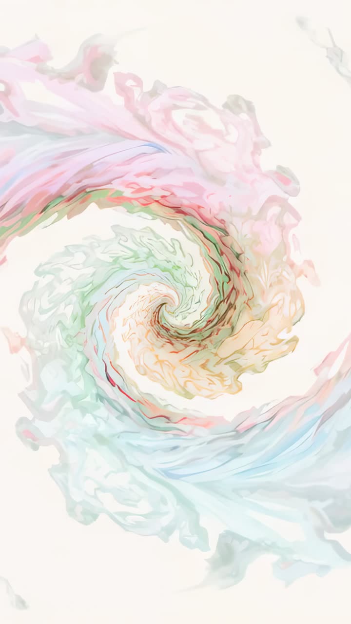 Video verticale: loop iniziale, spirale a vortice con bande color pastello rotanti e ondulate su aree di lavoro color crema