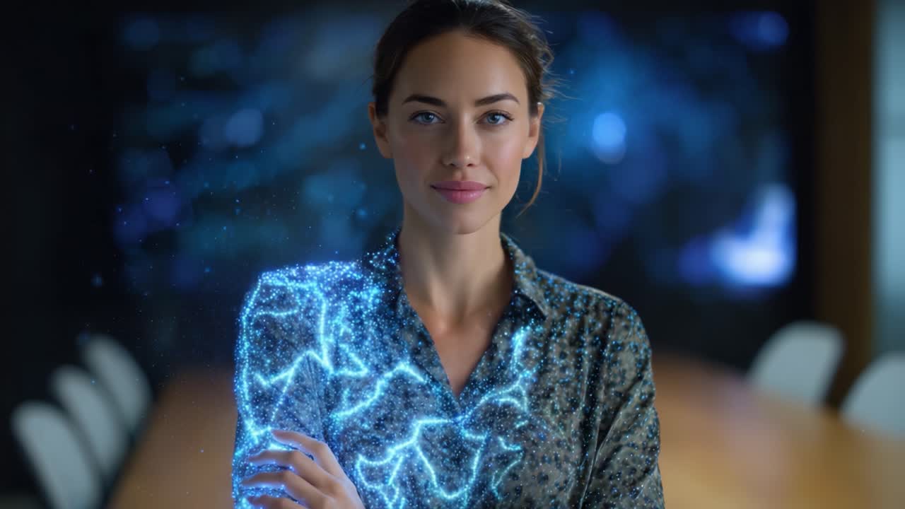 Boeiend portret van een zelfverzekerde vrouw die charisma uitstraalt in een hightech omgeving met subtiele gloeiende effecten die innovatie en inspiratie weergeven