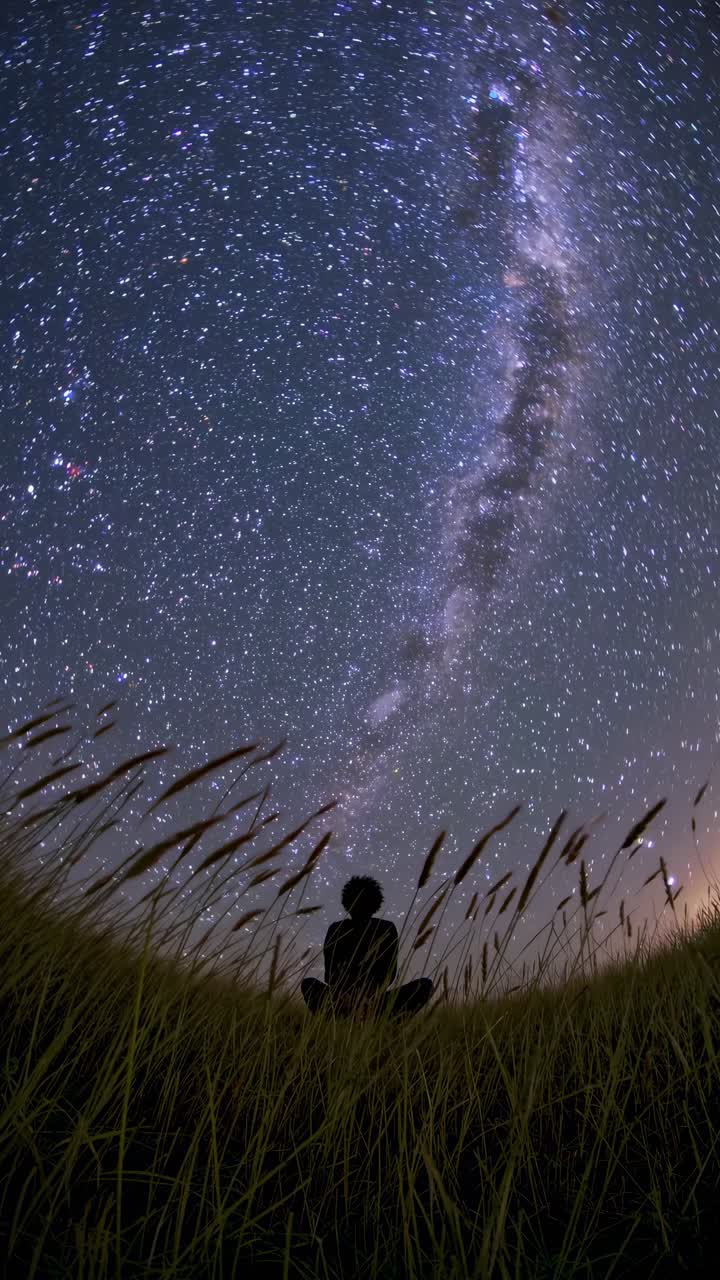 Silhouette of a person sitting in a field under a starry sky, captured from a low angle