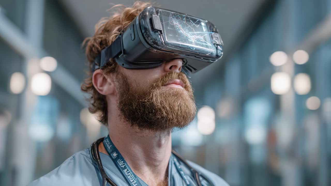 A Healthcare Professional Engaging with Virtual Reality Technology in a Modern Medical Environment, Enhancing Learning and Patient Care through Immersive Experiences