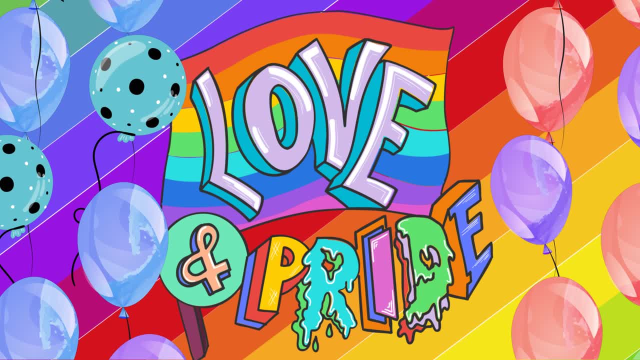 무지개 배경과 함께 사랑과 자부심 텍스트 위에 풍선의 애니메이션