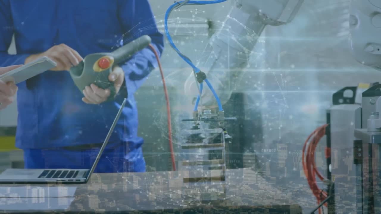 태블릿을 사용하여 코카시안 노동자들에 대한 지구와 반점의 애니메이션