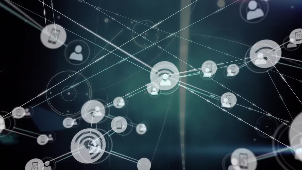 미디어, 사람 및 와이파이 아이콘의 성장하는 네트워크의 애니메이션은 반 ⁇ 이는 조명을 통해 데이터를 전송합니다.