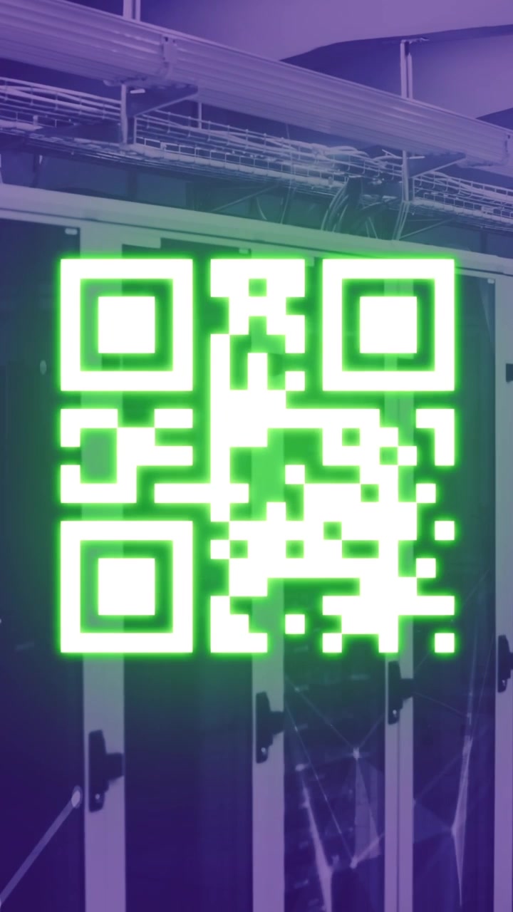 Animation of neon qr code over server room in violet