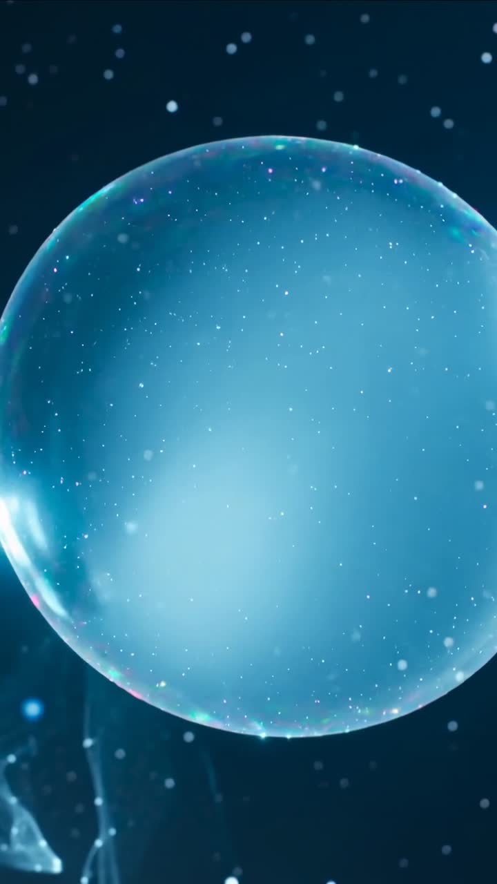Video verticale: Bolla blu alla deriva che entra nel blu profondo, che si avvicina alla telecamera e mostra il bordo, le macchioline