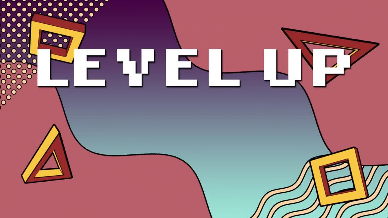 Digitaalinen animaatio "level up" -tekstistä vasten värikkäitä abstrakteja muotoja sinisellä liukuvärjätyllä taustalla.