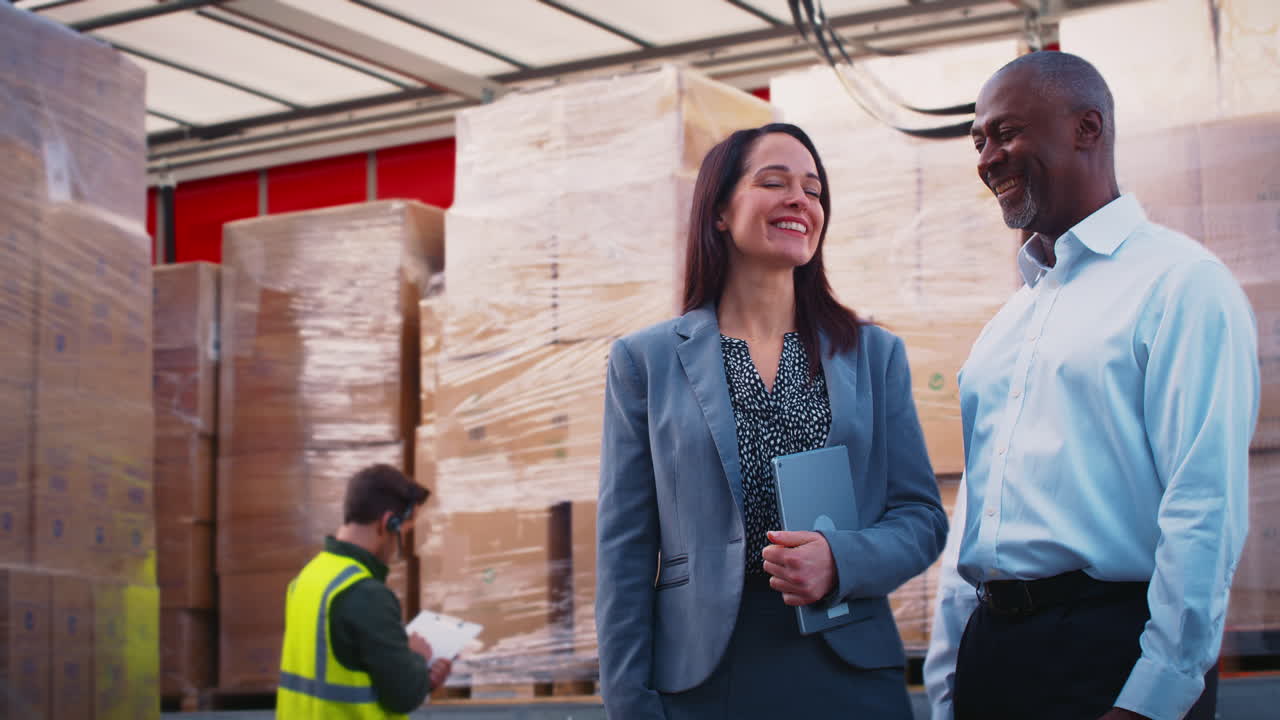 retrato de gerentes de transporte de mercancías masculinos y femeninos de pie junto a un camión que se carga con cajas