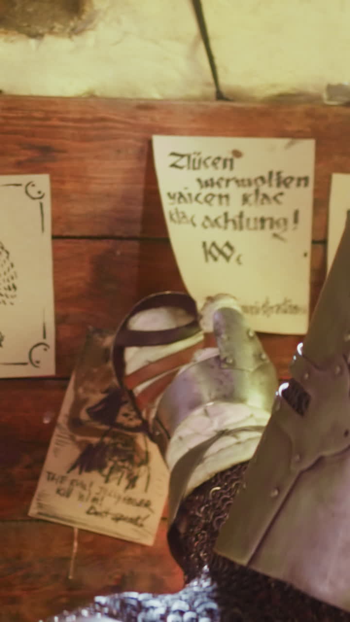 전사는 술집에서 게시판의 종이를 어 버립니다. 중세 기사들은 술집의 핀보드에서 돈을 위해 괴물을 잡는 임무를 수행합니다. 갑옷을 입은 암살자.