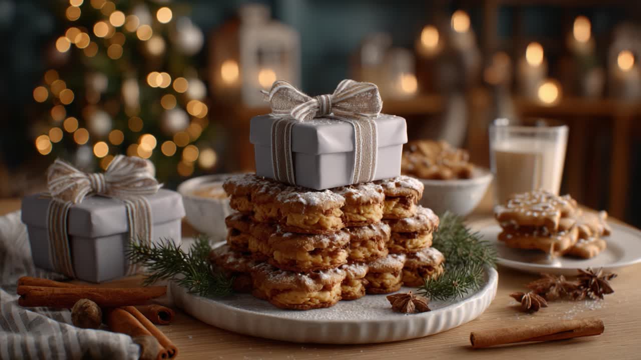 Festively Decorated Dessert Table with Stacked Pastries, Generously Topped with Icing Sugar and Accompanied by Festive Gifts Amidst a Cozy Holiday Setting