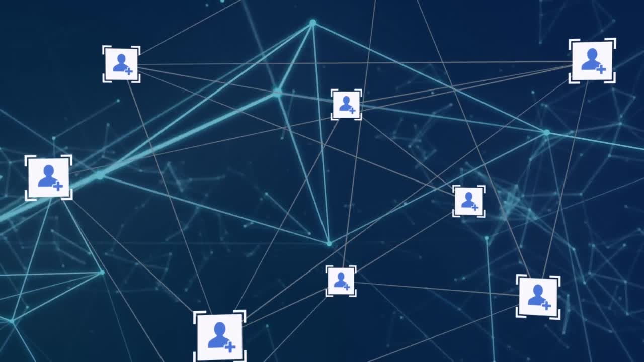 Network of digital icons and glowing network of connections against blue background