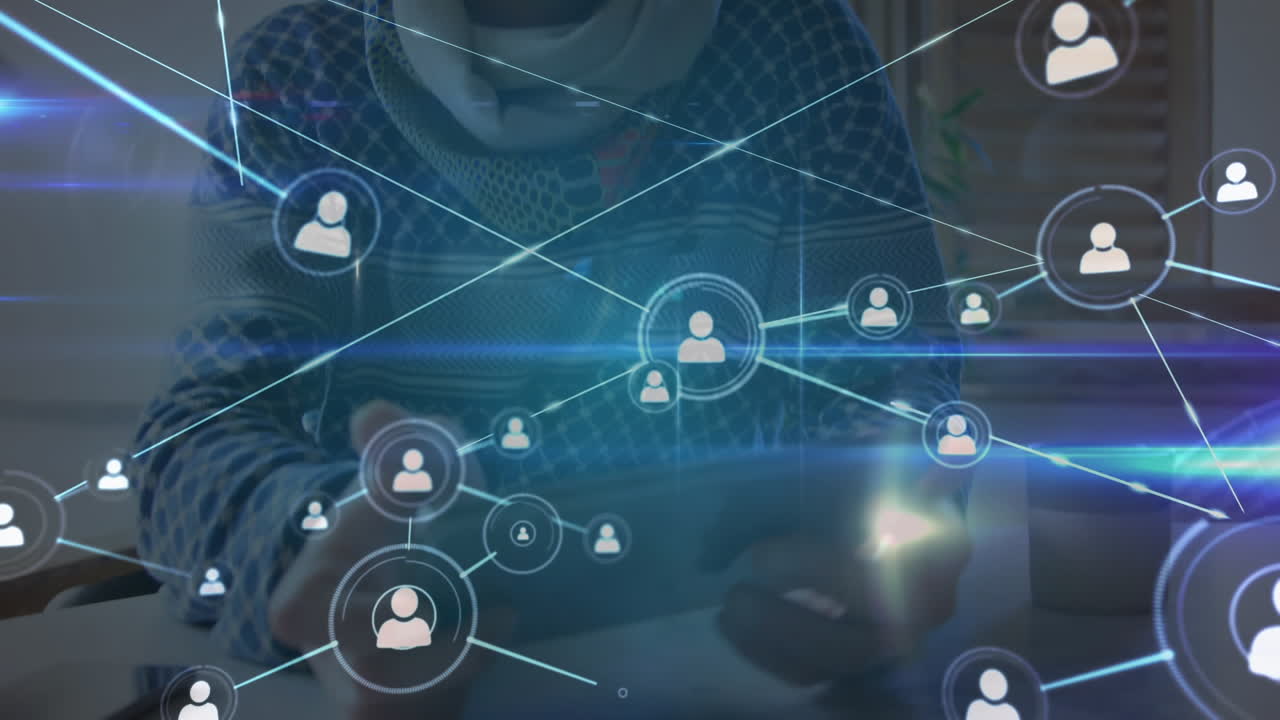 Web of connection icons against man using digital tablet  