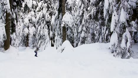 woman snowboarding through forest 4k