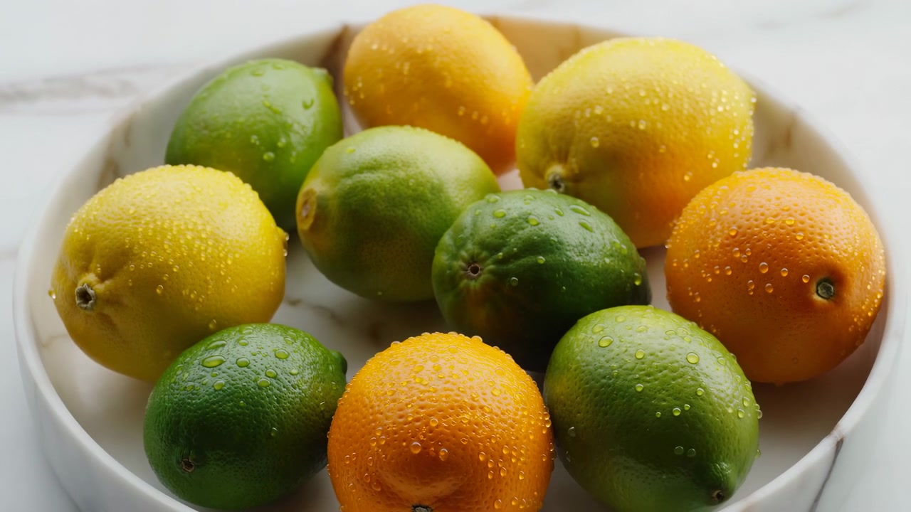 Vista superior de cítricos verdes, amarillos y naranjas con gotas de agua dispuestos en un cuenco blanco sobre una superficie de piedra clara, creando una imagen de comida fresca y colorida