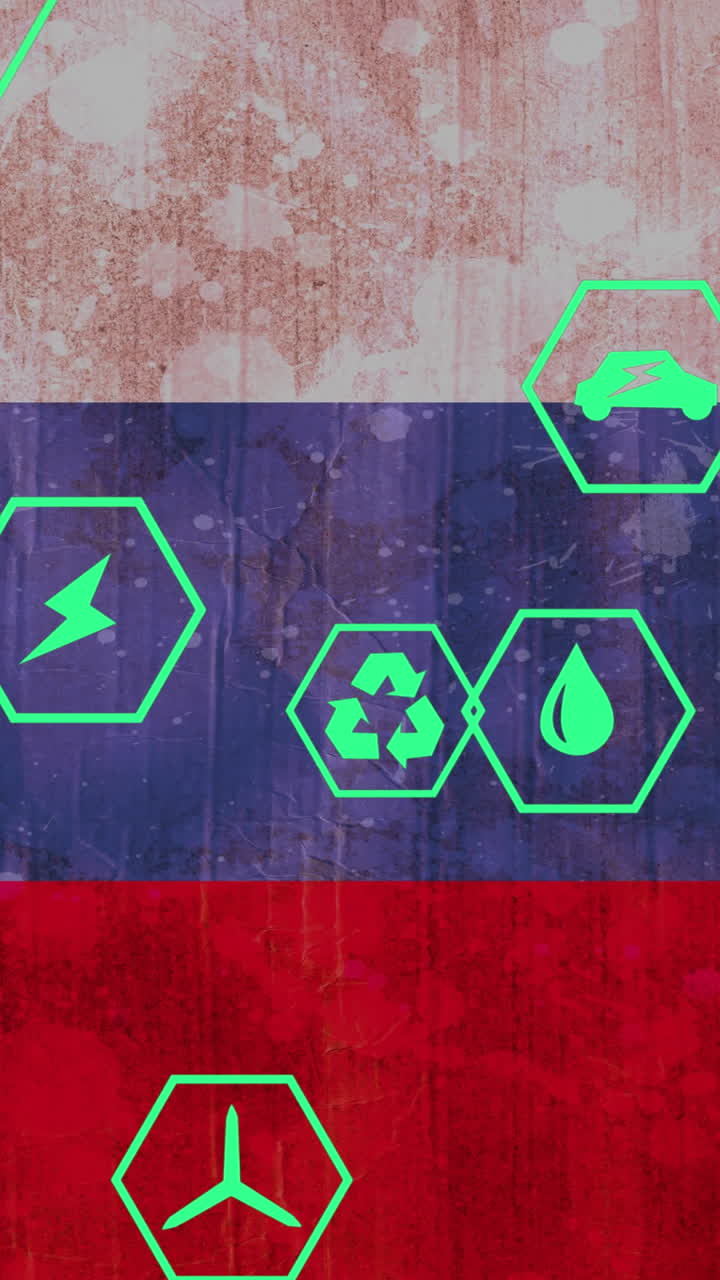 animación de iconos en hexágonos sobre la bandera de rusia