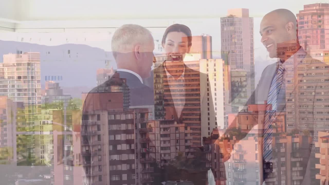 다양한 사업가들의 디지털 구성이 도시 풍경에 맞서 사무실에서 손을 흔들고 있습니다.