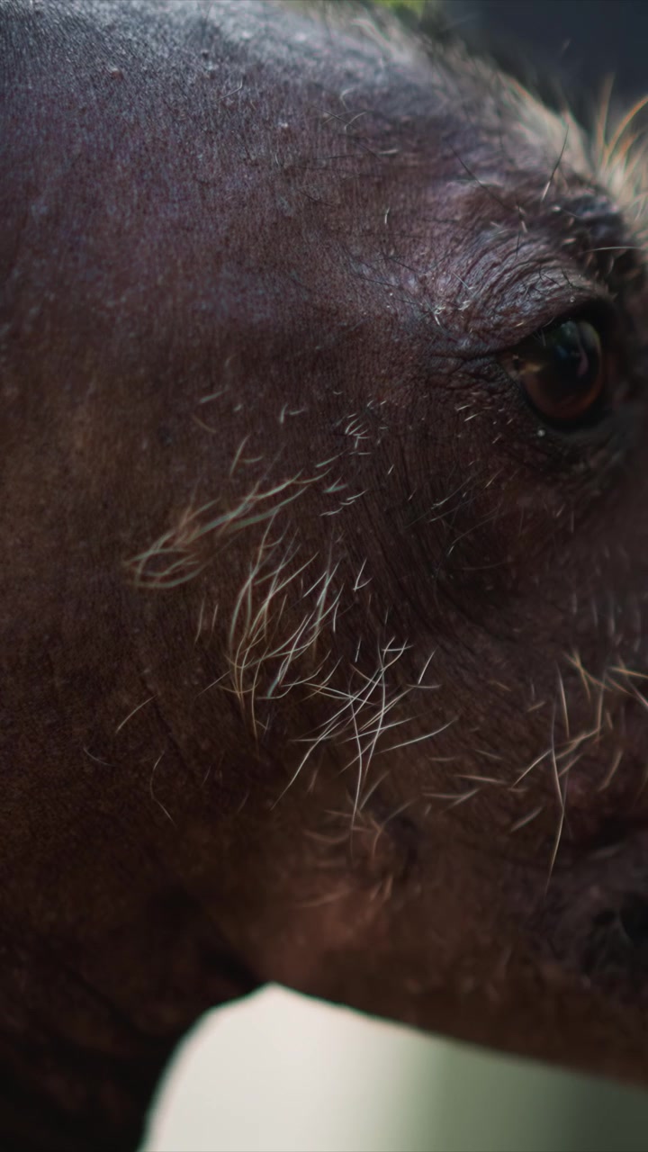 Textura da pele de cachorro com pelos brancos esparsos destacados. O sujeito permanece imóvel em um fundo de tecido verde. Ambiente externo sugerido por fundo desfocado possivelmente gramado.