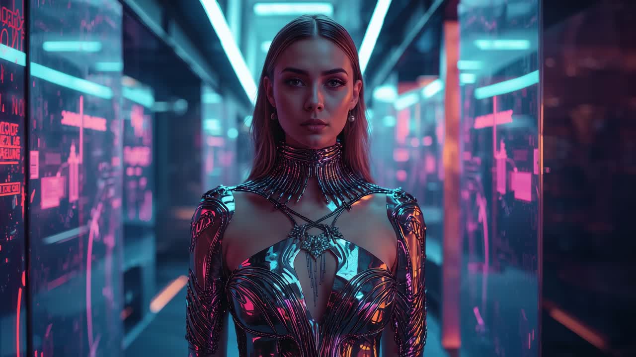 Reacting to neon glow armored woman shifting gaze brushing hair, crossing arms in screen-lined hall