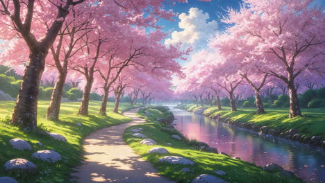 Beautiful Cherry Blossom Path by a Serene River