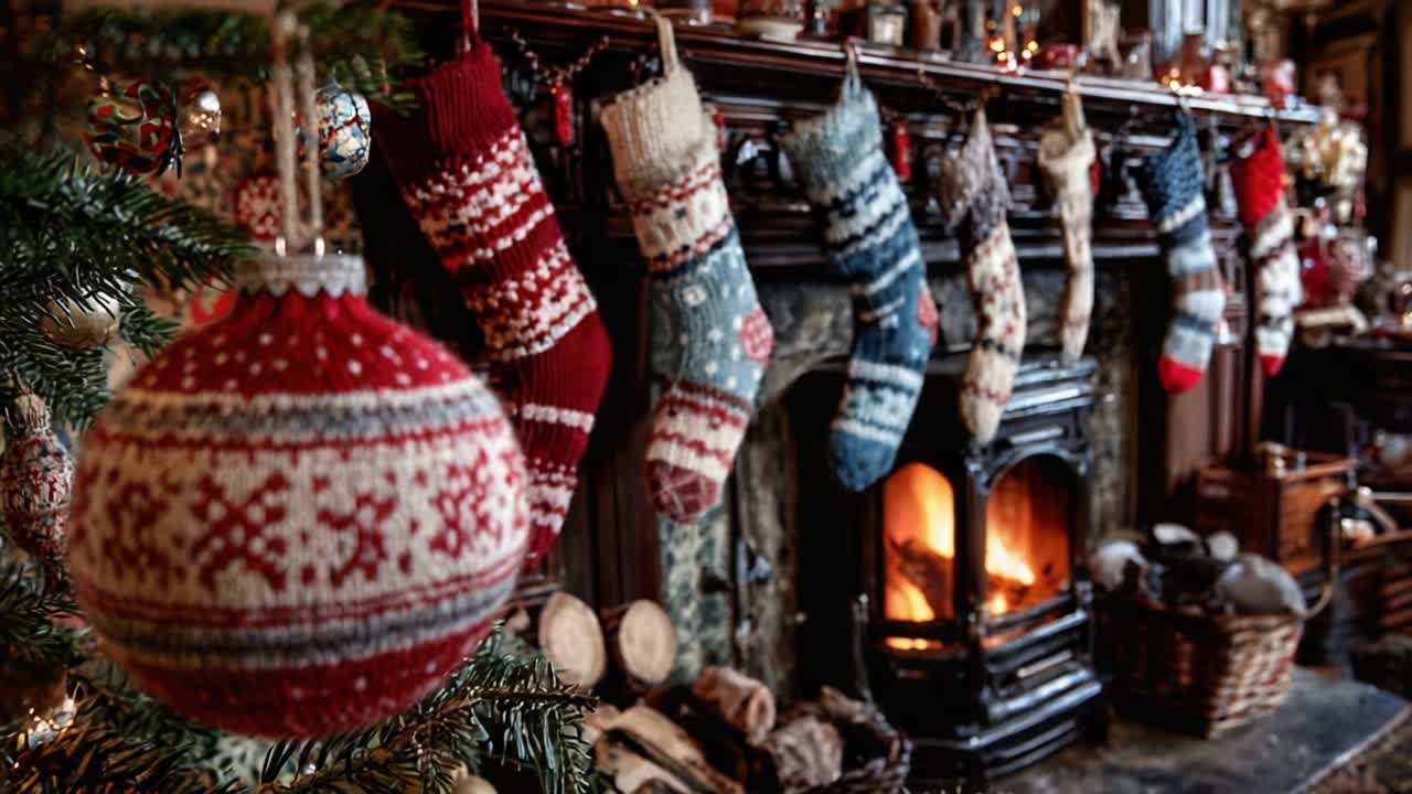 A Cozy Christmas Scene Featuring Festive Ornaments, Stockings, and a Glowing Fireplace, Capturing the Warmth and Spirit of the Holiday Season