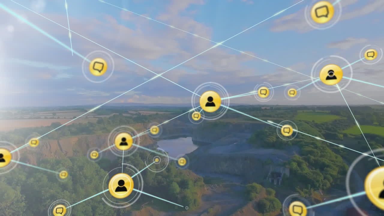 animación de iconos de perfil conectados con líneas sobre vista aérea del lago contra un cielo nublado