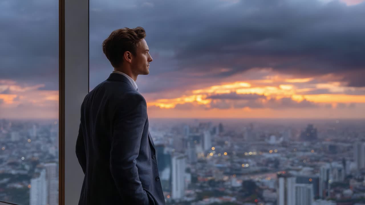 A Solitary Reflection: A Man Gazes Towards a Vibrant Sunset Cityscape, Contemplating Life and Possibilities Amidst Modern Skyscrapers and Dramatic Clouds