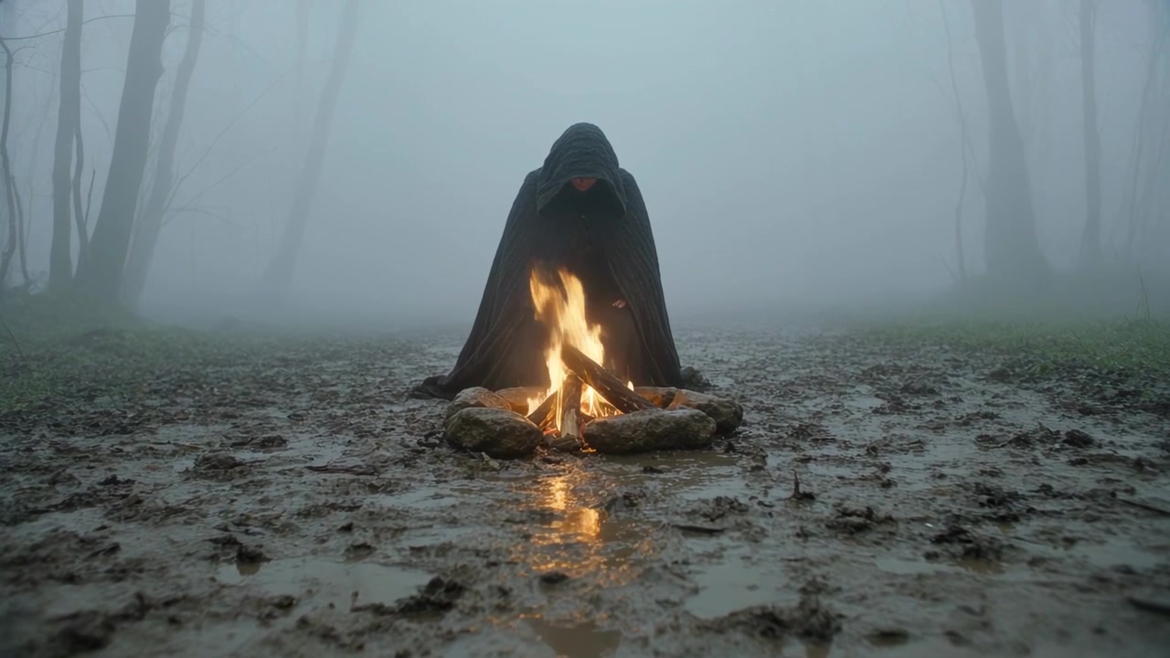 Figura incappucciata che sistema i ceppi mentre le fiamme tremolano in una radura nebbiosa e fangosa, con una pozzanghera.