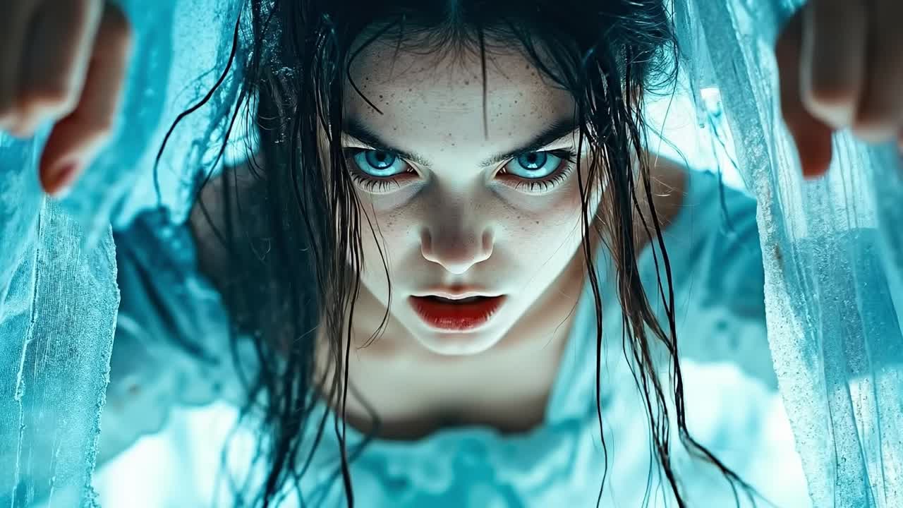 Una donna con gli occhi azzurri che sbircia da dietro una tenda