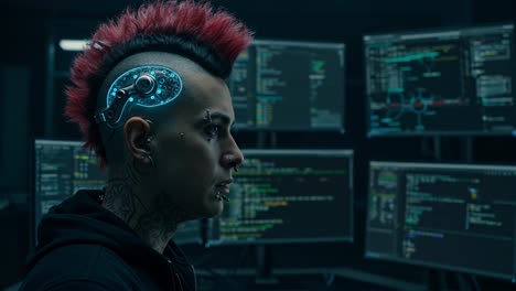 cyberpunk hacker engaged in intense coding while analyzing multiple screens in a dark room during the night