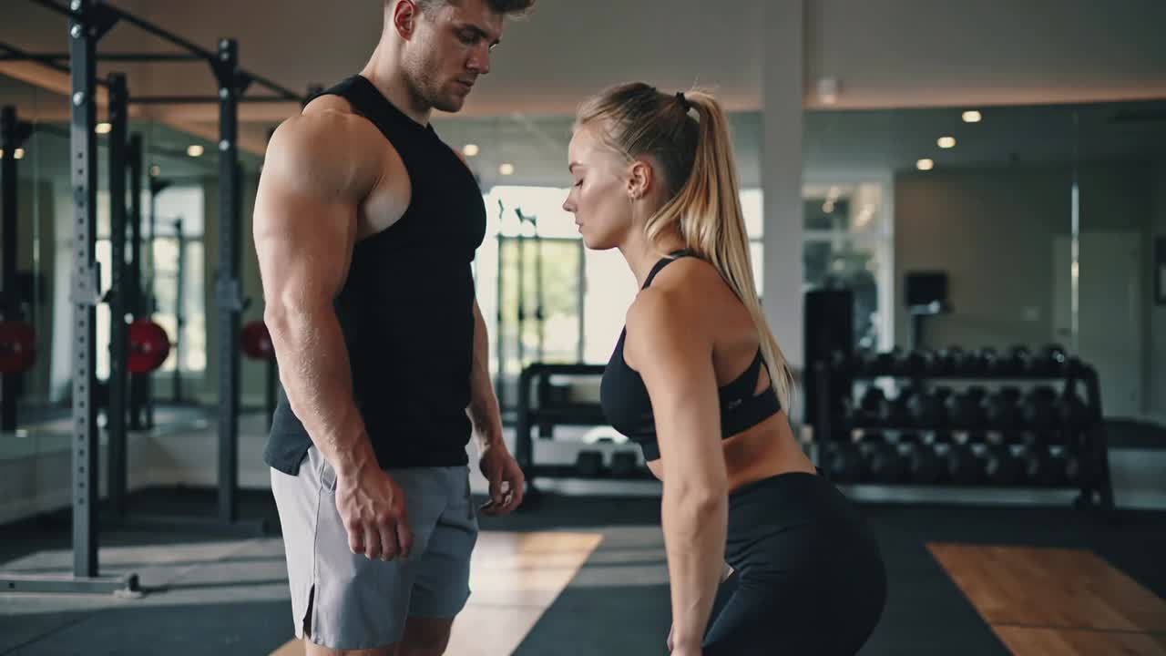 Ein Trainer korrigiert die Haltung einer Frau mit Sport-BH, die eine Hüftbeuge an einem Rack macht, um ihre Form zu verbessern