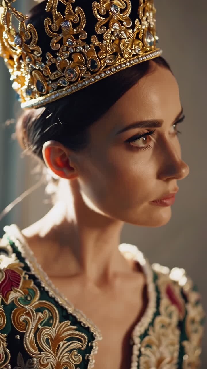 Ritratto regale di una donna con una corona d'oro ornata