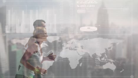 Animation-of-data-processing-with-world-map-and-cityscape-over-man-and-woman-running