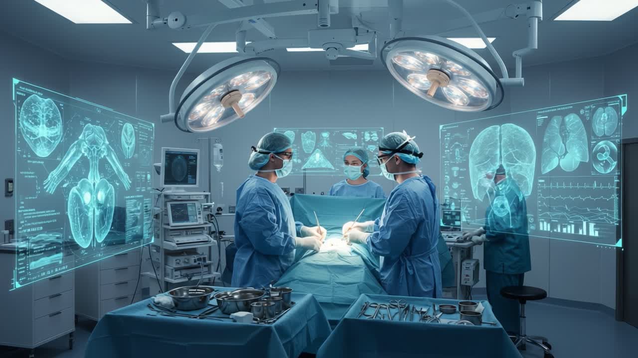 Kirurger samarbejder i en højteknologisk operationsstue omgivet af avanceret medicinsk billeddannelse, der viser præcision og teamwork inden for moderne medicin