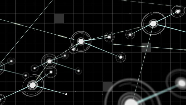 Animation of network of connections with icons on black background