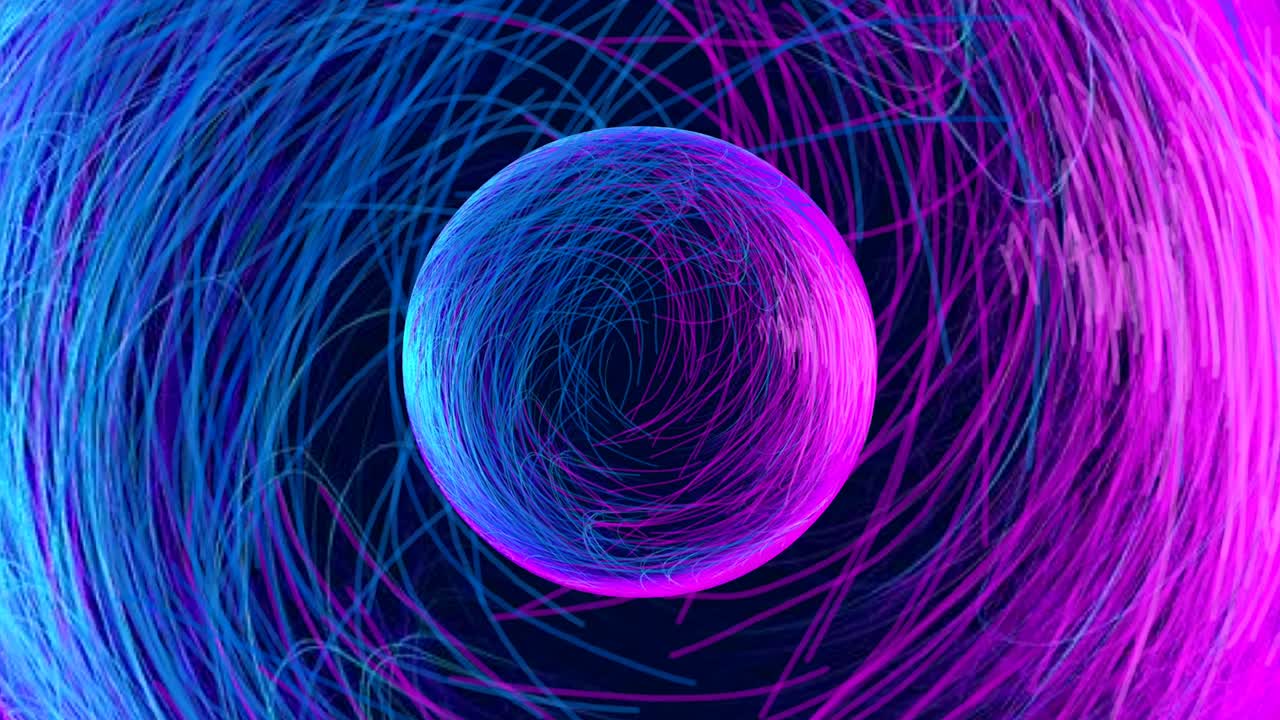 Shining purple and blue animated abstract lines form a beautiful rotating ball on an attractive colorful background. 4k.