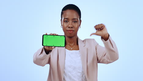 Phone,-black-woman-and-thumbs-down-for-green