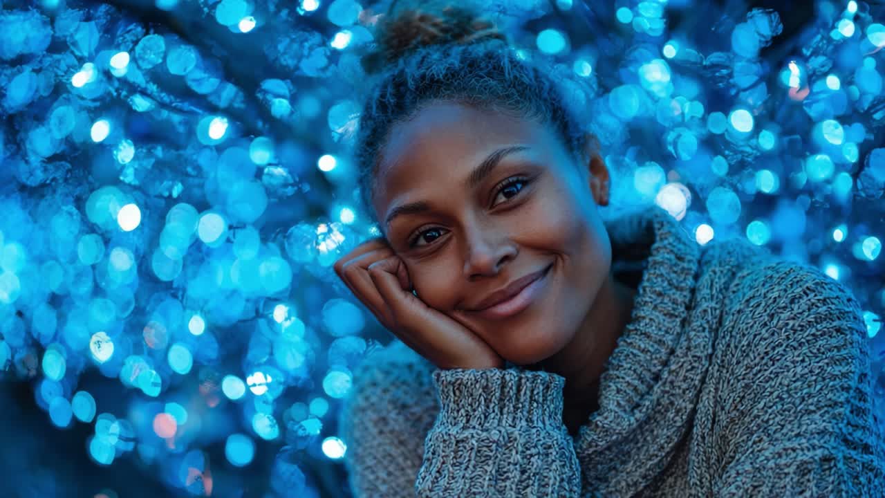 Captivating Portrait of a Smiling Woman Surrounded by Glowing Blue Lights, Exuding Warmth and Joy Amidst a Beautifully Lit Atmosphere